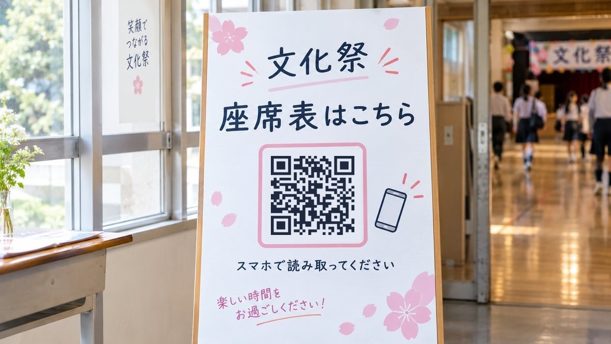 文化祭の廊下に立てられた、QRコード付きの案内の看板。「スマホで読み取ってください」と書いてある。看板のQRコードを読むと、さくらツールズの座席表が開く