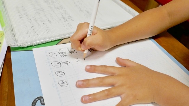 ノートに鉛筆で字を書く子どもの手元