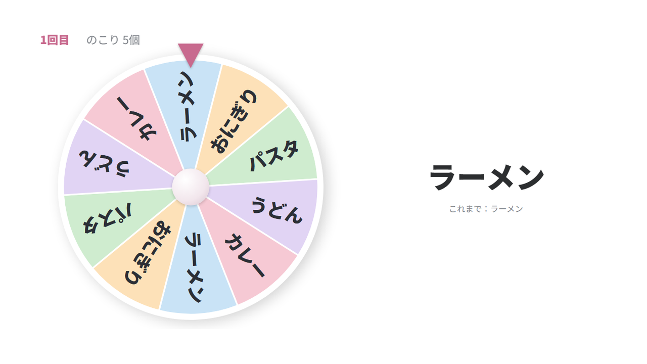 ルーレットの画面。左にお昼ごはんの5つを2回ずつ並べた円、右に当たりのラーメン