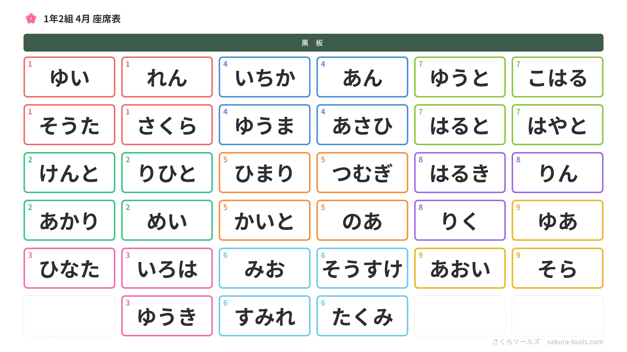 33人・6列の教室の座席表。3人の班やかぎ型の班も作れる