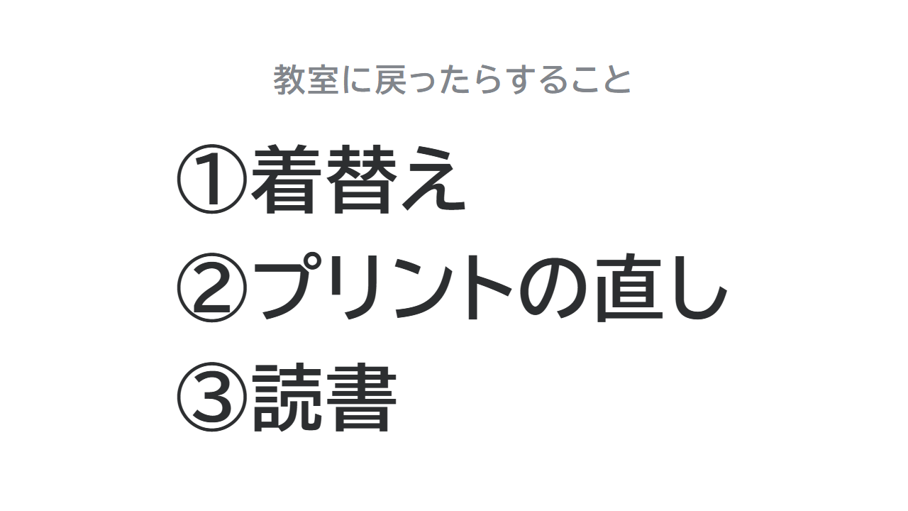 簡単スライドの画面。「教室に戻ったらすること　①着替え　②プリントの直し　③読書」が大きく映っている